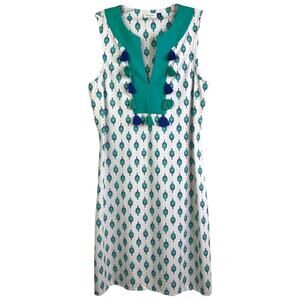 Cabana Life Shift Dress Womens Size M Teal Blue Geo Sleeveless V-Neck Stretch